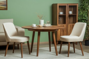 Elegant dining room interior with wooden table chairs and cabinet against green wall