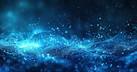 Abstract blue background with sparkling particles and flowing waves.