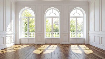 Fototapeta premium Bright Sunlit Room with Three Arch Windows and White Walls