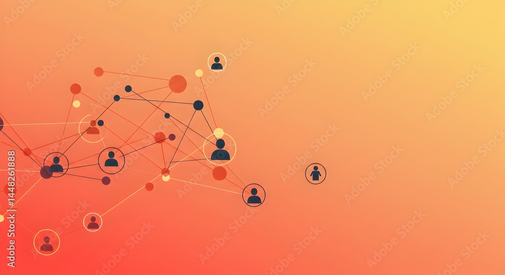 Poster complex network representing connections and communications on an orange gradient background