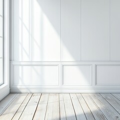 Bright interior with white wall paneling and wood floor bathed in natural light from window