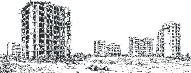 Black and white sketch of abandoned and ruined apartment buildings in a desolate urban area