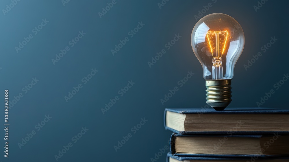 Poster glowing lightbulb on stack of books symbolizing knowledge and inspiration for learning and education