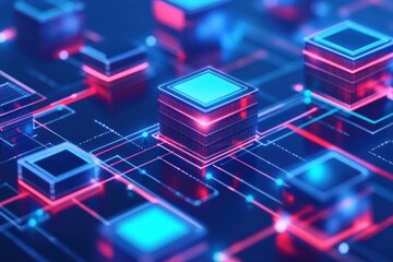 Futuristic Data Network with Glowing Cubes and Lines for Digital Connection Concept