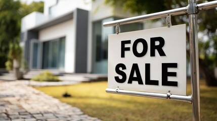 Obraz premium Modern house for sale sign in front of a sleek, minimalist architectural design