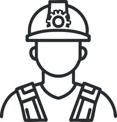 Line art icon of a worker wearing a safety helmet and work uniform representing construction or industrial labor