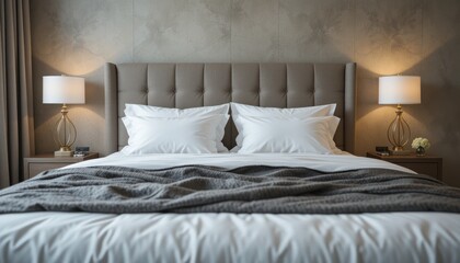 Serene Bedroom Interior Design: Luxury Bed, Cozy Throw, and Elegant Lighting