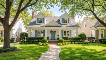 Charming Suburban Home with Green Lawn and Lush Landscaping