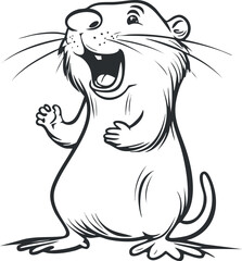 Black and white cartoon illustration of a happy rodent with whiskers and a cheerful expression.