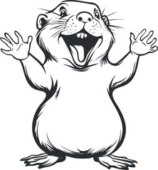 Black and white cartoon illustration of a joyful, cheerful rodent with open arms and smiling face.