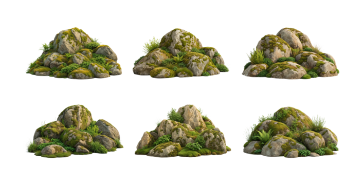 Six Realistic 3D Mossy Rock Formations for Nature-Themed Designs PNG and transparent background