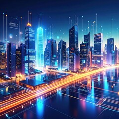 Fototapeta premium A vibrant cityscape at night, illuminated by colorful neon lights reflecting off wet pavement, bustling streets filled with people and cars.