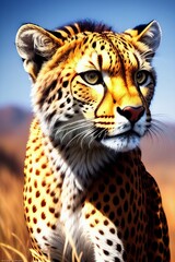 Fototapeta premium Close-up of a cheetah's spotted fur, showing its unique pattern and texture. Its ears are visible, indicating its alertness. The background is blurred, as are the natural colors of its habitat