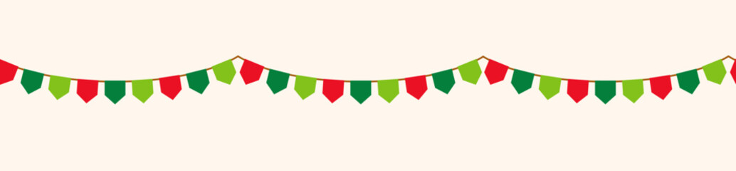Merry Christmas and New year color retro buntings garlands isolated on white background. Vector illustration. Seamless Happy Xmas banner, green fiesta border, red carnival holiday header