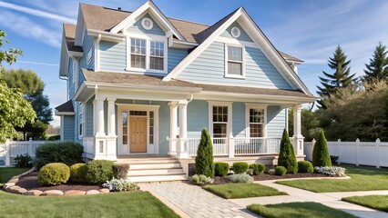 Beautiful Light Blue Suburban House with White Trim and Landscaping