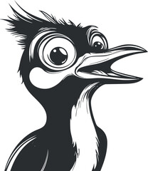 Black and white cartoon illustration of a cute bird with an open beak and expressive eyes