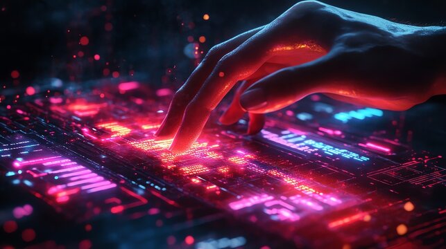 A futuristic hand scanning a glowing blockchain ledger