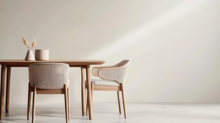 Fototapeta premium Sophisticated rattan furniture set in a modern dining space, complemented by soft beige tones