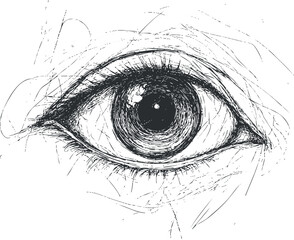 Hand-drawn sketch of a human eye with detailed iris, eyelashes, and eyelid in black and white. © vadymstock