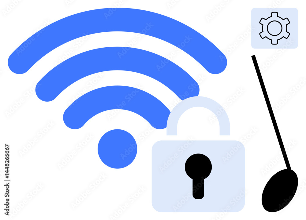 Poster wireless signal with a padlock symbolizing security and a gear representing settings or configuratio