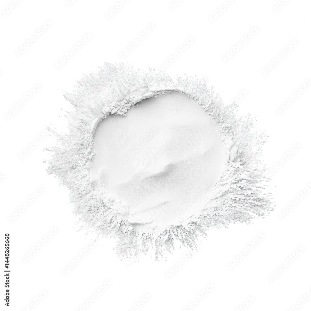 Poster a pristine circular mound of white powder on a black background. showcasing smooth texture and fine 