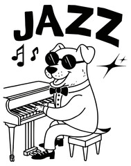 Dog plays jazz on piano.