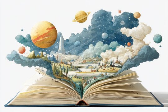 An open book unveils a vibrant dream world filled with planets, clouds, and serene landscapes, inviting imagination and exploration