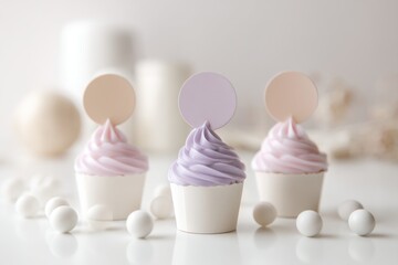 Three cupcakes with swirls of lavender and purple frosting are showcased on a minimal white surface, creating a sweet and inviting display