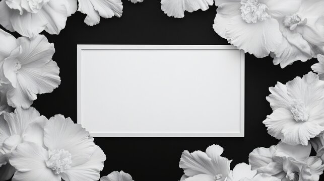 Blank frame surrounded by white floral accents, modern design, versatile for invitations or artwork display.