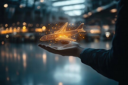 Hand holding a glowing airplane model in a bustling airport terminal with blurred lights