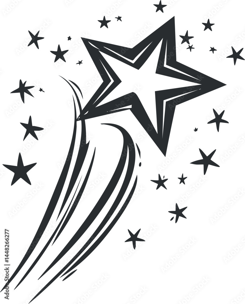 Aufkleber black and white illustration of a shooting star with trailing sparkles and dynamic motion lines