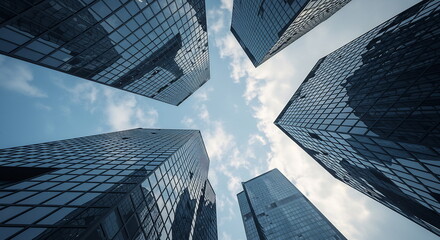 Modern skyscrapers looking up at sky with clouds