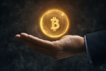 Hand holding a glowing Bitcoin symbol against a dark background, symbolizing digital currency