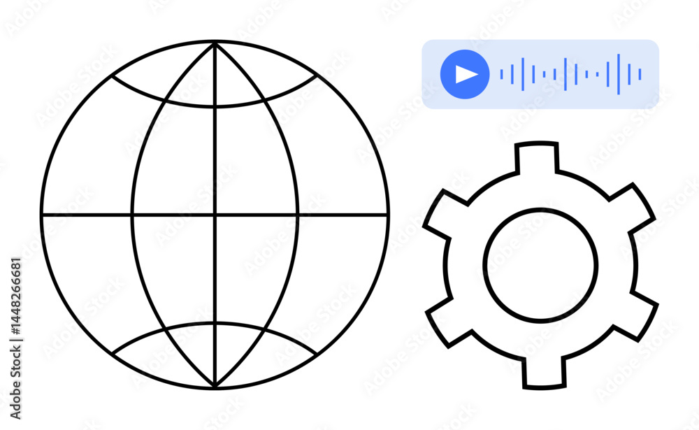 Poster globe illustrating global network, gear for technology and process optimization, and audio element f