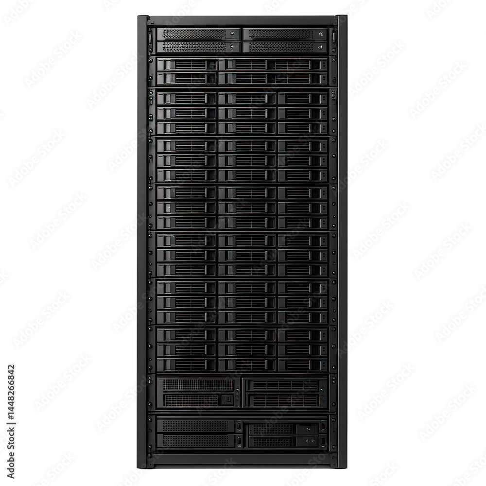 Poster powerful black server rack unit, packed with numerous drive bays for extensive data capacity and com