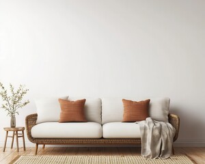 Contemporary bohoinspired living space with a rattan sofa, soft throws, and elegant minimalist details