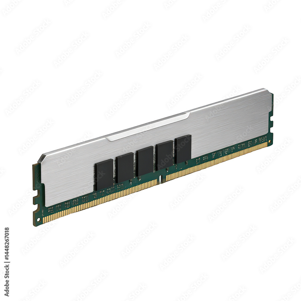 Poster high-performance computer memory module with brushed silver heat spreader and visible chips and gold
