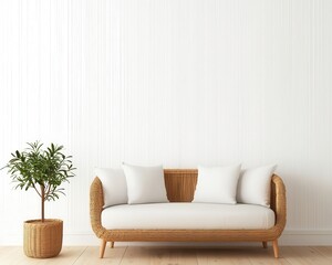 Minimalist coastalstyle home with a rattan sofa, sheer curtains, and a soft, warm atmosphere