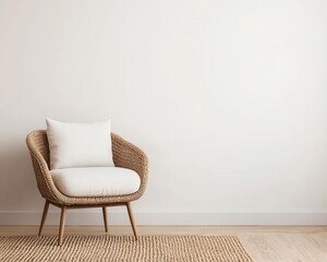 Cozy lounge featuring a rattan armchair, plush cushions, and a neutral color palette for a warm atmosphere