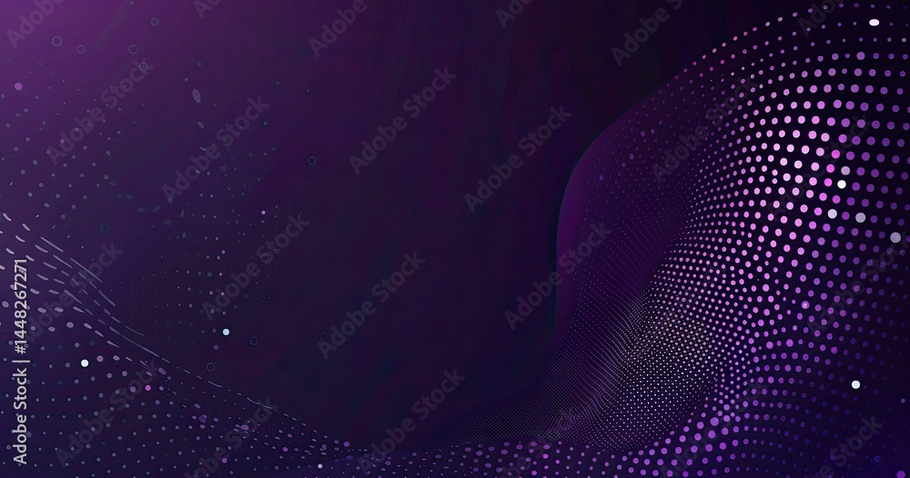 Poster abstract digital background with purple dots and waves, ideal for tech and design themes.