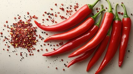 Fresh red chili peppers and crushed chili flakes on a light surface, showcasing vibrant color and spicy flavor.