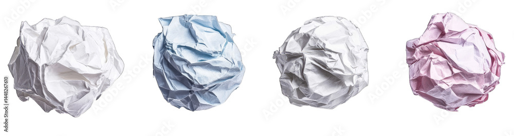 Poster a collection of crumpled paper balls in various colors. showcasing textures and shadows. set against