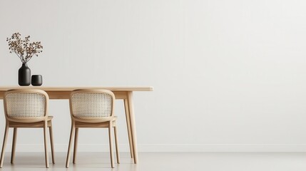 Stylish rattan dining set in a modern interior, featuring light wood accents and soft beige decor