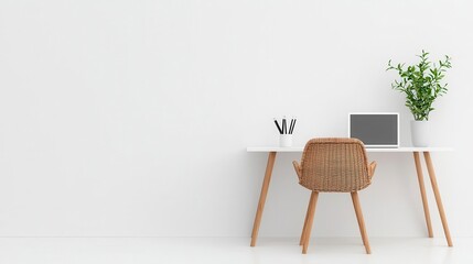 Elegant workspace featuring a rattan desk chair, clean white decor, and soft natural lighting