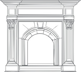 Black and white outline drawing of a classic decorative fireplace mantel with ornate arch and detailed columns