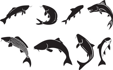 Naklejka premium Collection of Silhouetted Fish in Various Poses