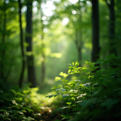 Fototapeta premium Lush green woodland with sunlight creating dappled shadows.