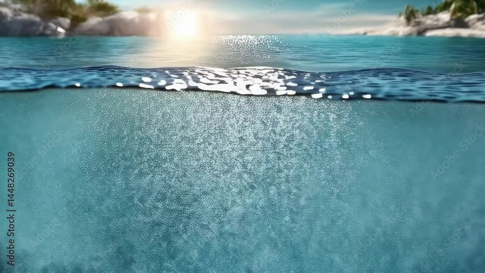 Poster ocean surface with turquoise water reflecting sunlight on gentle waves, creating sparkling pattern w
