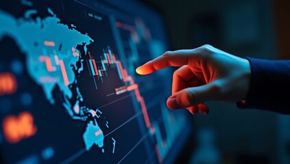 Graphs and world financial markets data. Investor pointing at the candlestick chart.