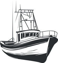 Black and white illustration of a fishing boat with mast and deck in nautical setting.